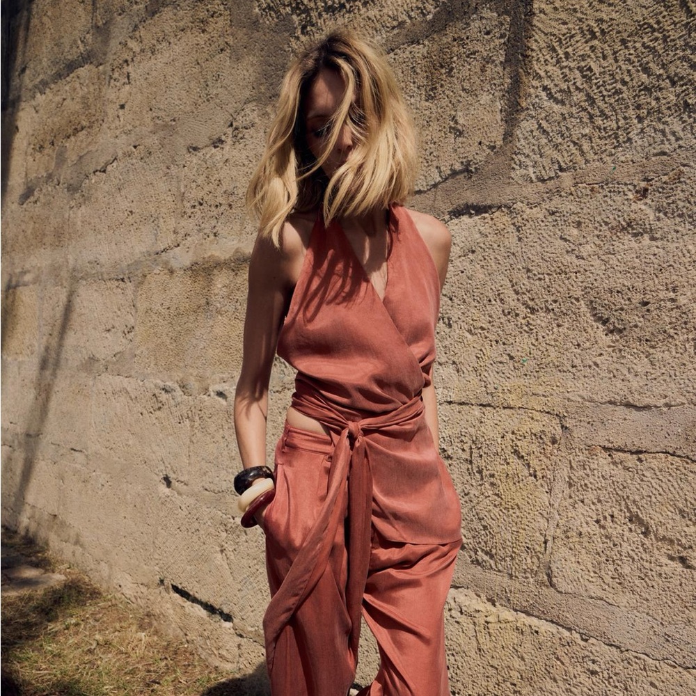 ZARA ASYMMETRIC V NECK WRAP HALTER TOP ZW COLLECTION Terracotta L